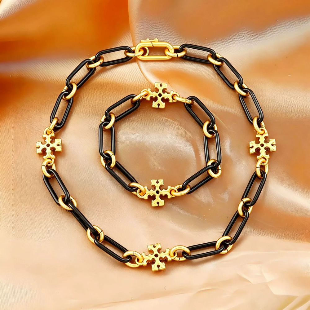 Tory Burch Gold Black Enamel Chain Heavy Duty Large Short Necklace Bracelet Set